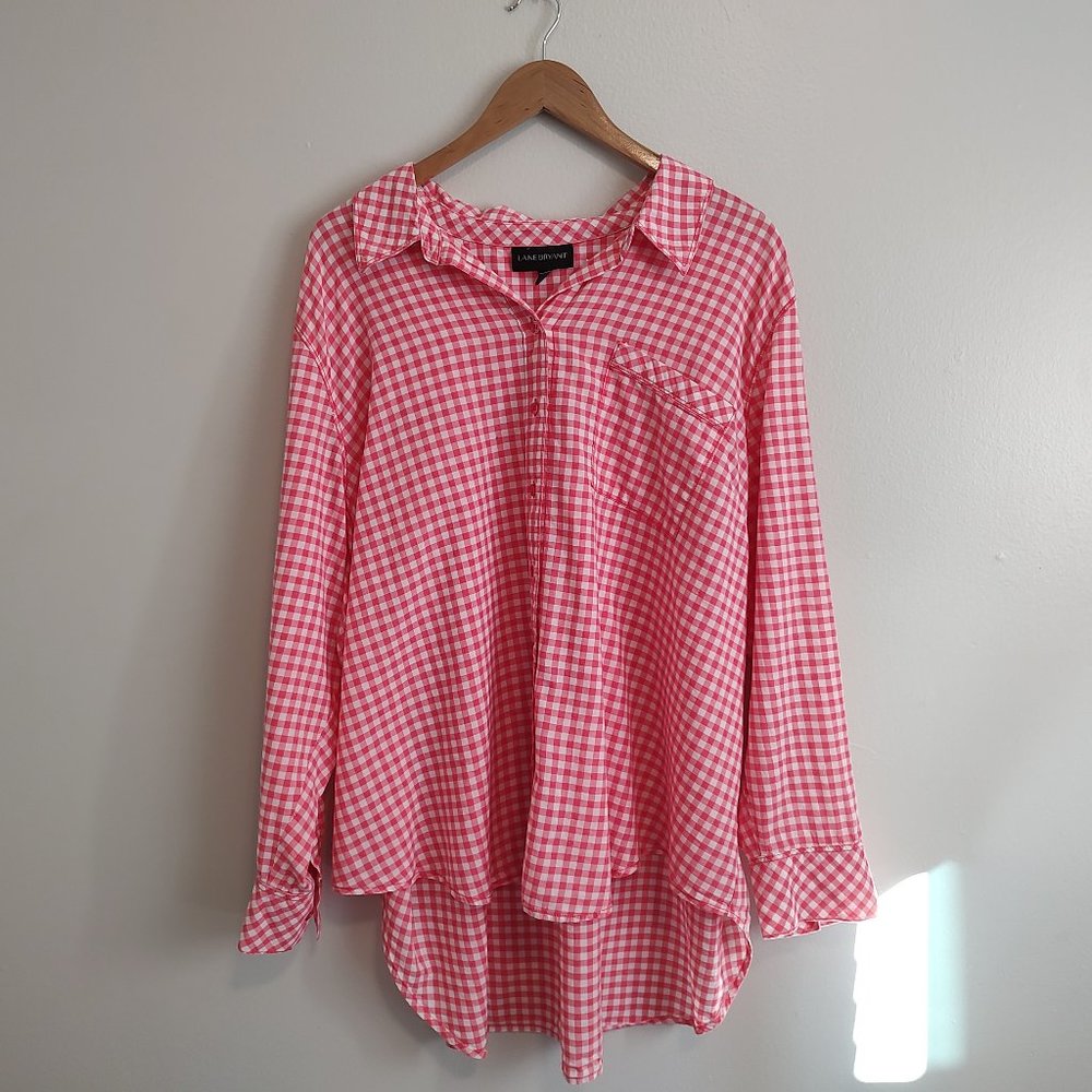 Lane Bryant Pink and White Gingham Roll-Tab Blouse 28